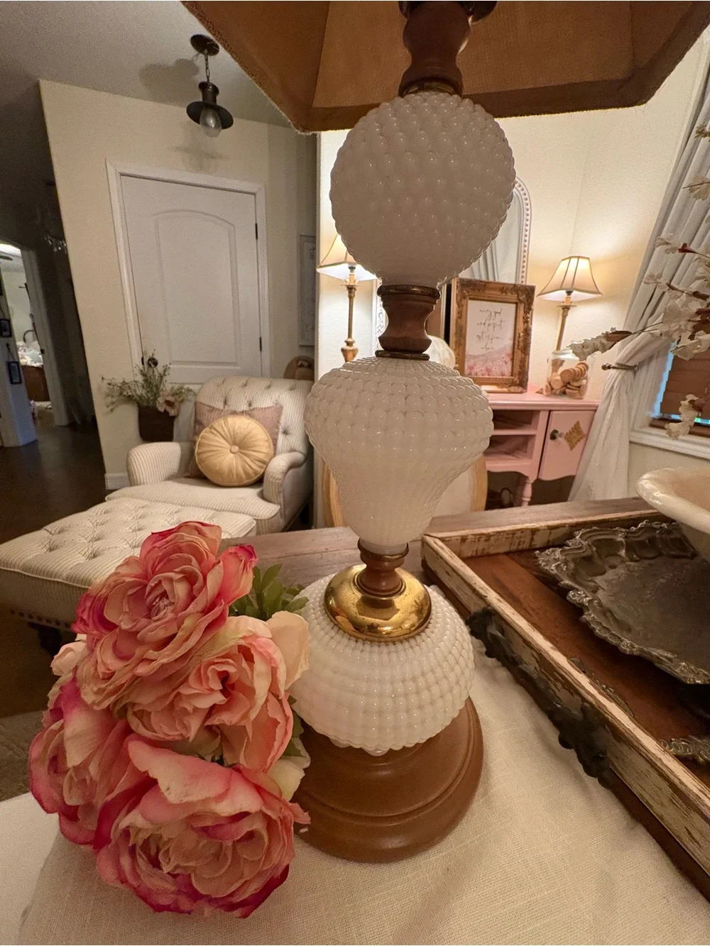 Elegant Cream Burlap Table Lamp with Floral Accent.  Vintage milk glass